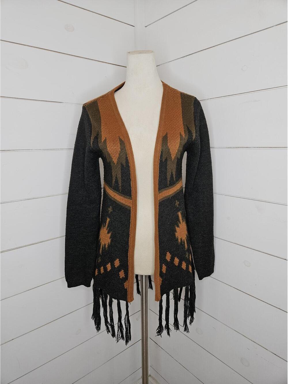 Daytrip Medium Brown & Black boho aztek open sweater cardigan with fringe